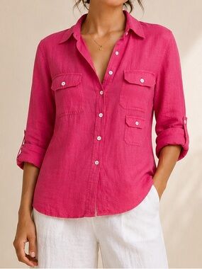 Bright Pink 100% Linen Utility Safari Button Front Shirt Conrad C Size 6